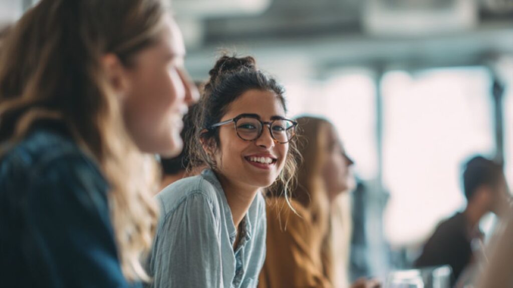 A woman wearing glasses is smiling