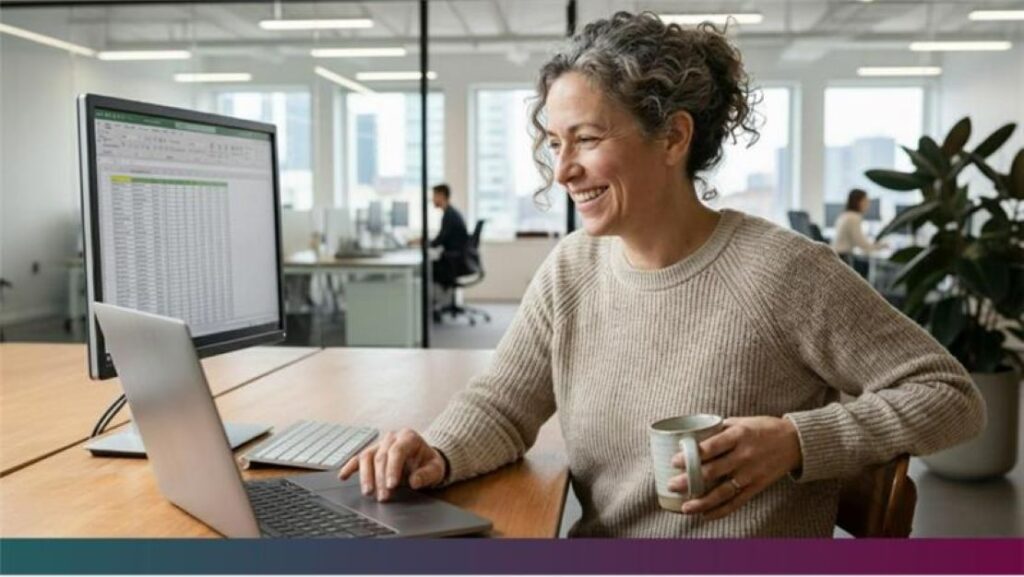 A person smiling at a computer