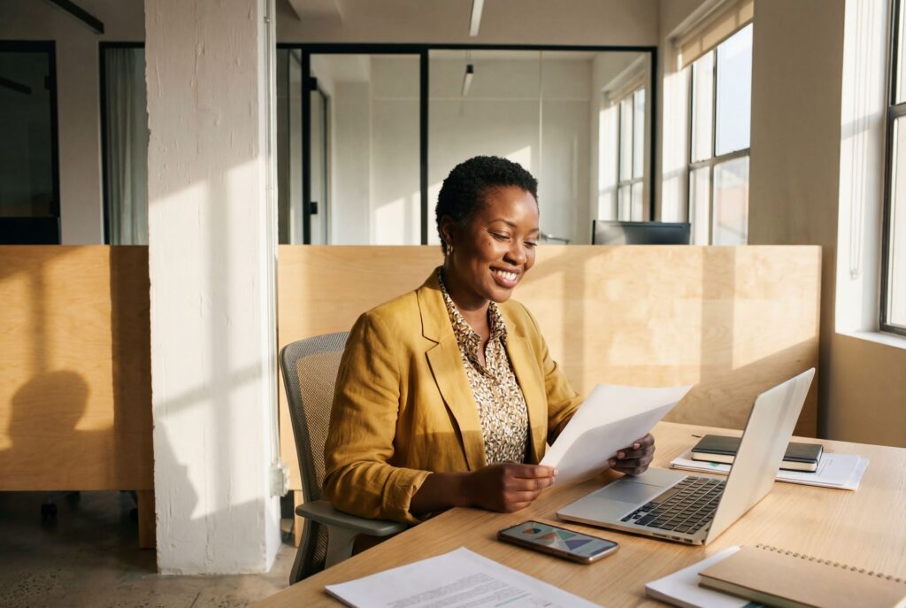 A woman sitting at a desk in an office looking at papers